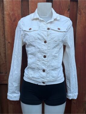 Denim Co Primark White Denim Jacket Button Up Classic Trucker Jean Jacket Sz 8 M